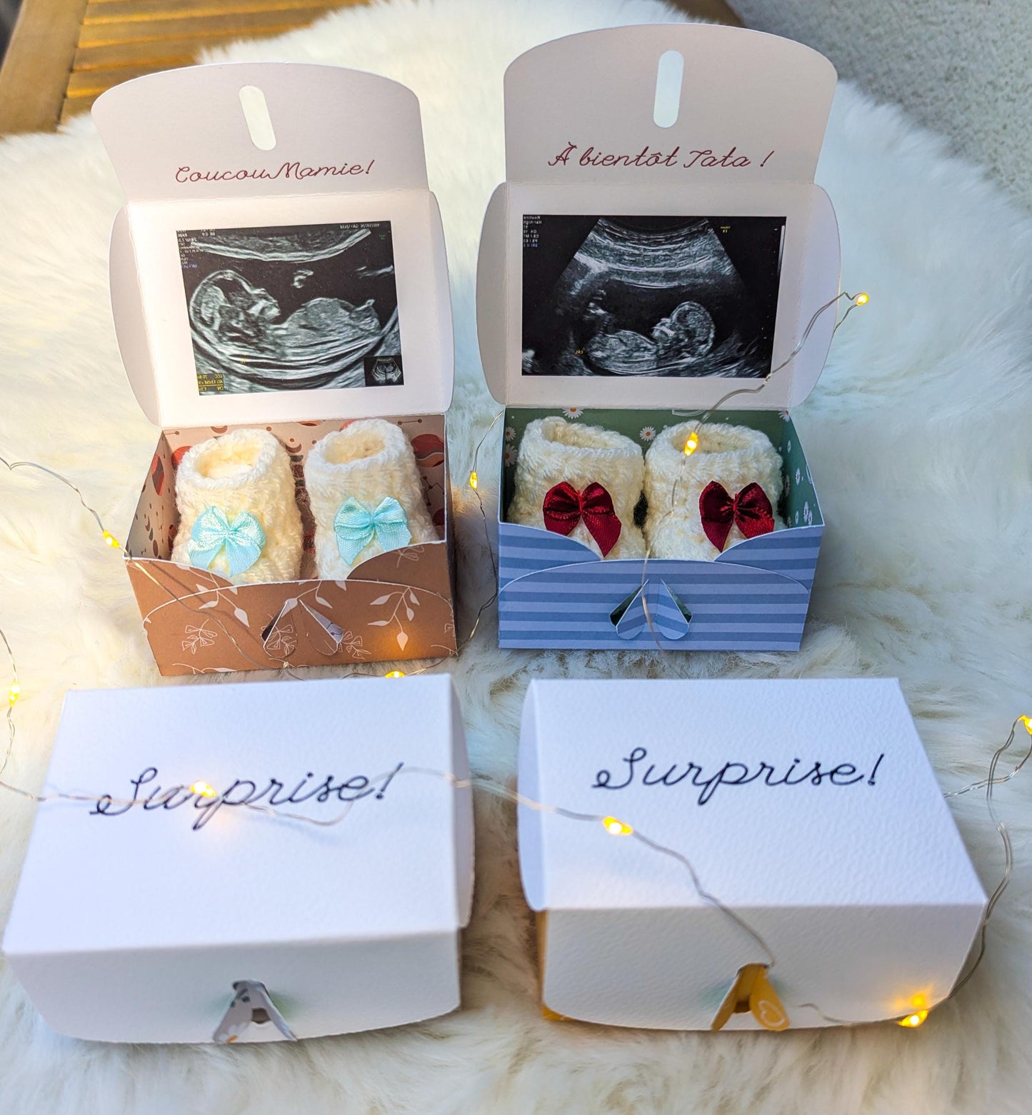 Boîte annonce de grossesse personnalisée – Chaussons miniatures et photo échographie