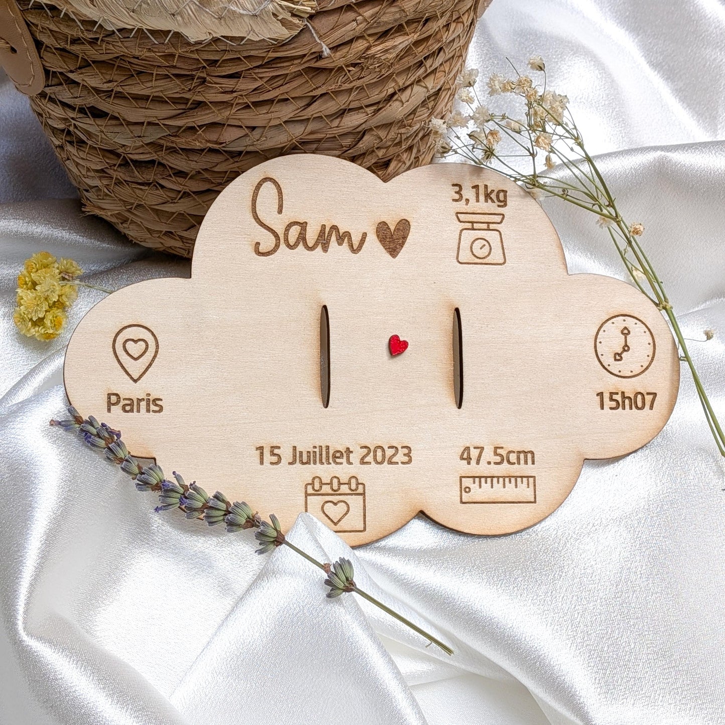 Support Bracelet de Naissance Personnalisé en Bois – Souvenir Bébé Fille Garçon | Carte Nuage Cadeau Naissance Original