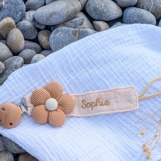 Attache Tétine Personnalisée – Fleur en Gaze de Coton avec Prénom