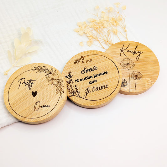 Miroir de poche en bois personnalisé – Cadeau Maman, Mariage, Maîtresse