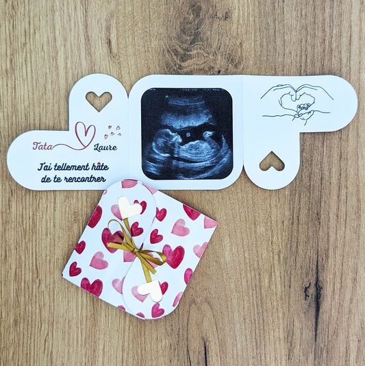 Carte cœur annonce bébé – personnalisable avec échographie