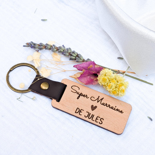 Porte-clés bois gravé personnalisé – Cadeau Baptême, Marraine, Parrain