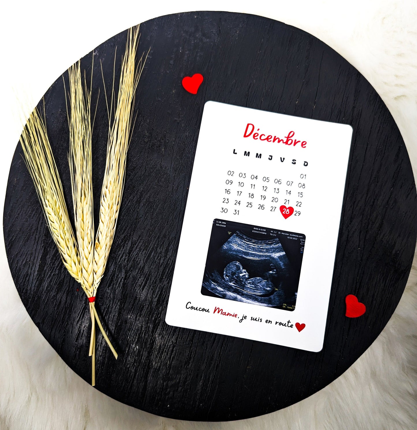 Carte annonce grossesse personnalisée - Calendrier et échographie.