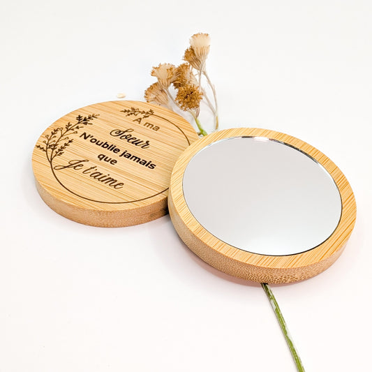 Miroir de poche en bois personnalisé – Cadeau Maman, Mariage, Maîtresse