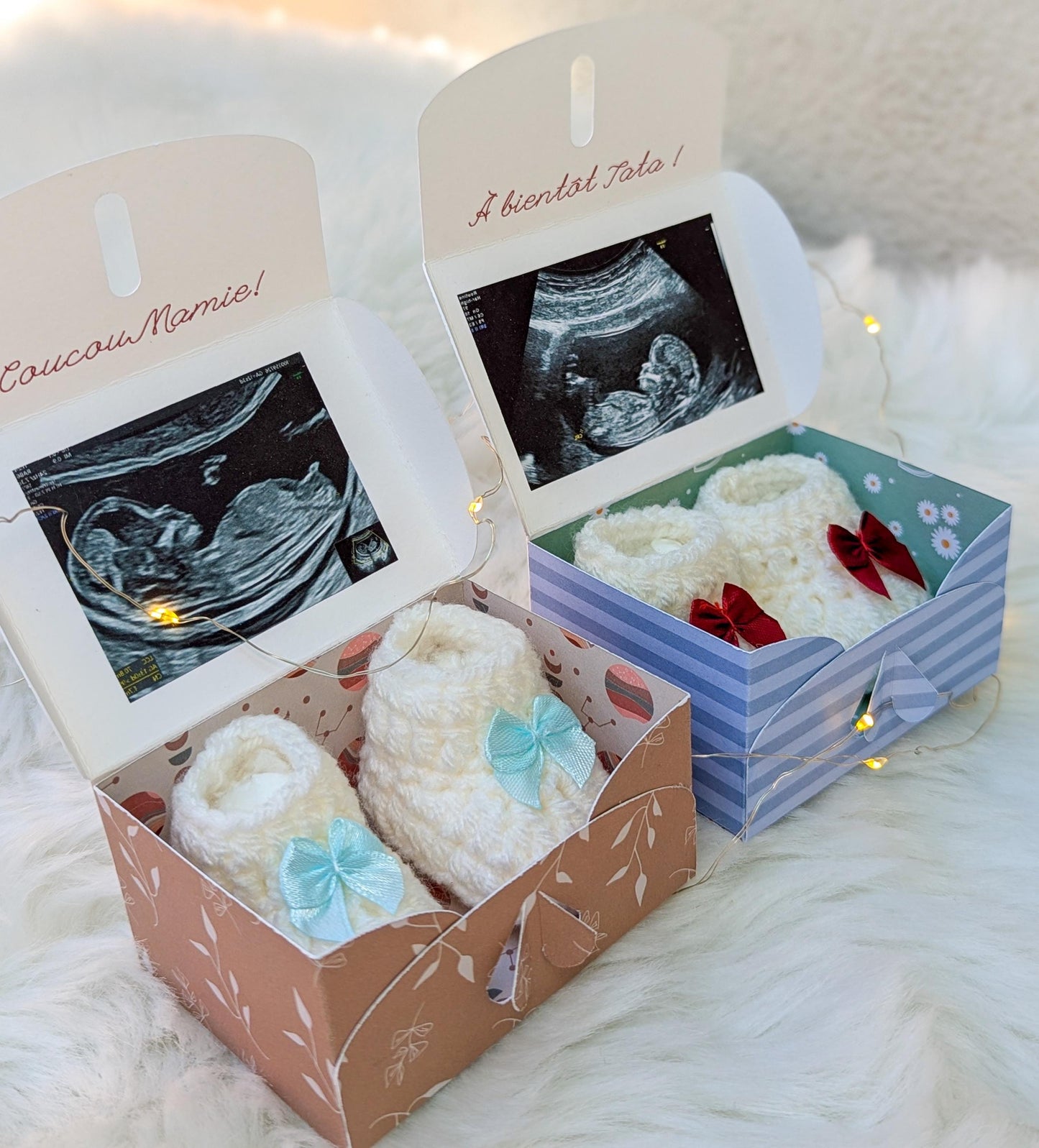 Boîte annonce de grossesse personnalisée – Chaussons miniatures et photo échographie