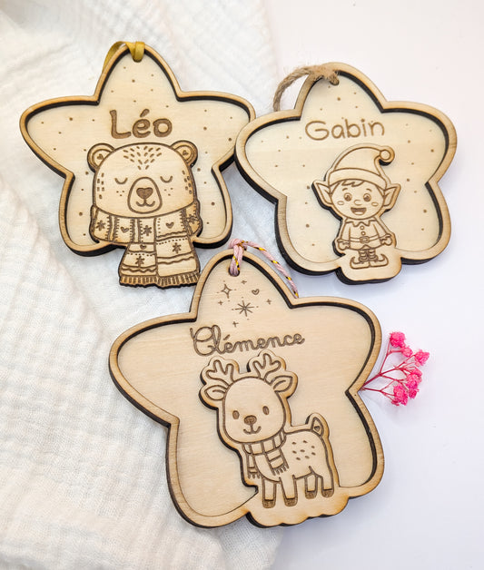 Étoile de Noël Personnalisée en Bois – Décoration de Sapin Gravée pour Enfant
