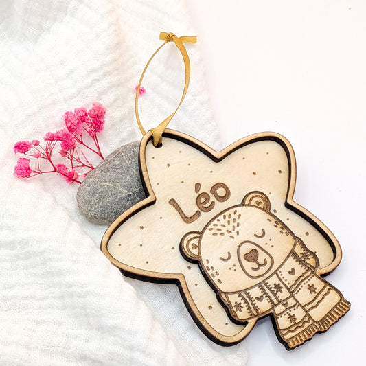 Étoile de Noël Personnalisée en Bois – Décoration de Sapin Gravée pour Enfant