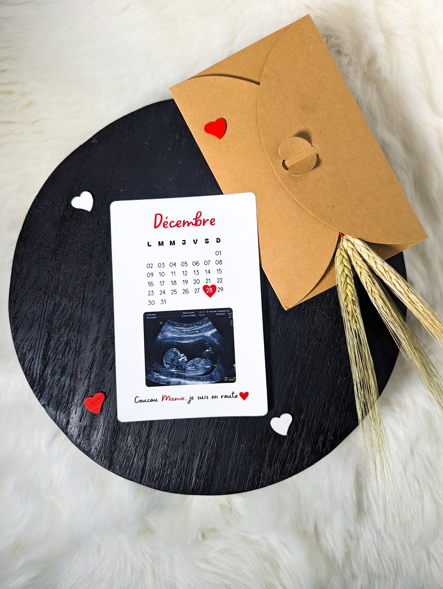 Carte annonce grossesse personnalisée - Calendrier et échographie.