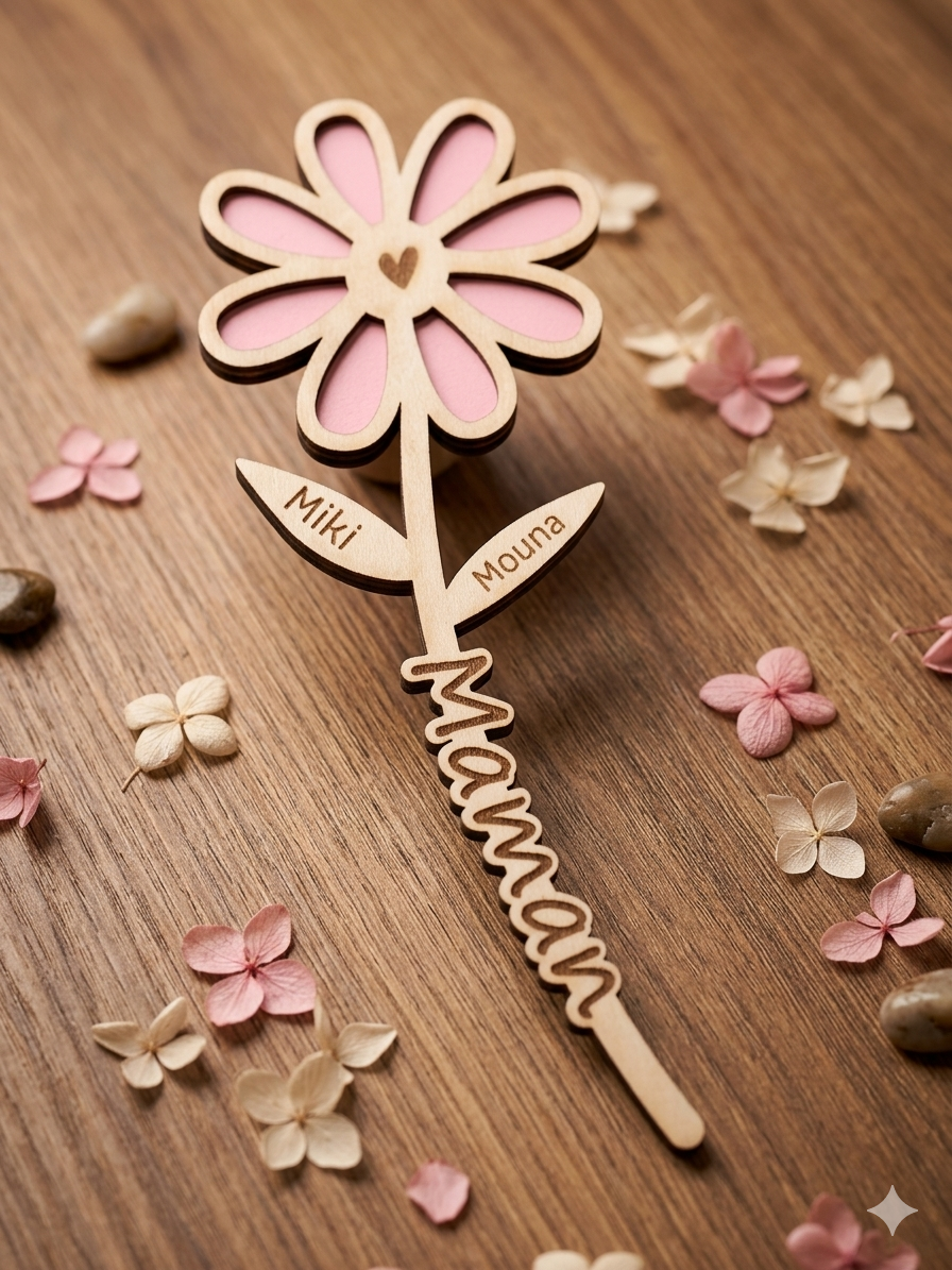 Fleur en bois personnalisée avec prénoms • Cadeau Fête des Mères Mamie Nounou ATSEM Maîtresse... • Décoration personnalisée