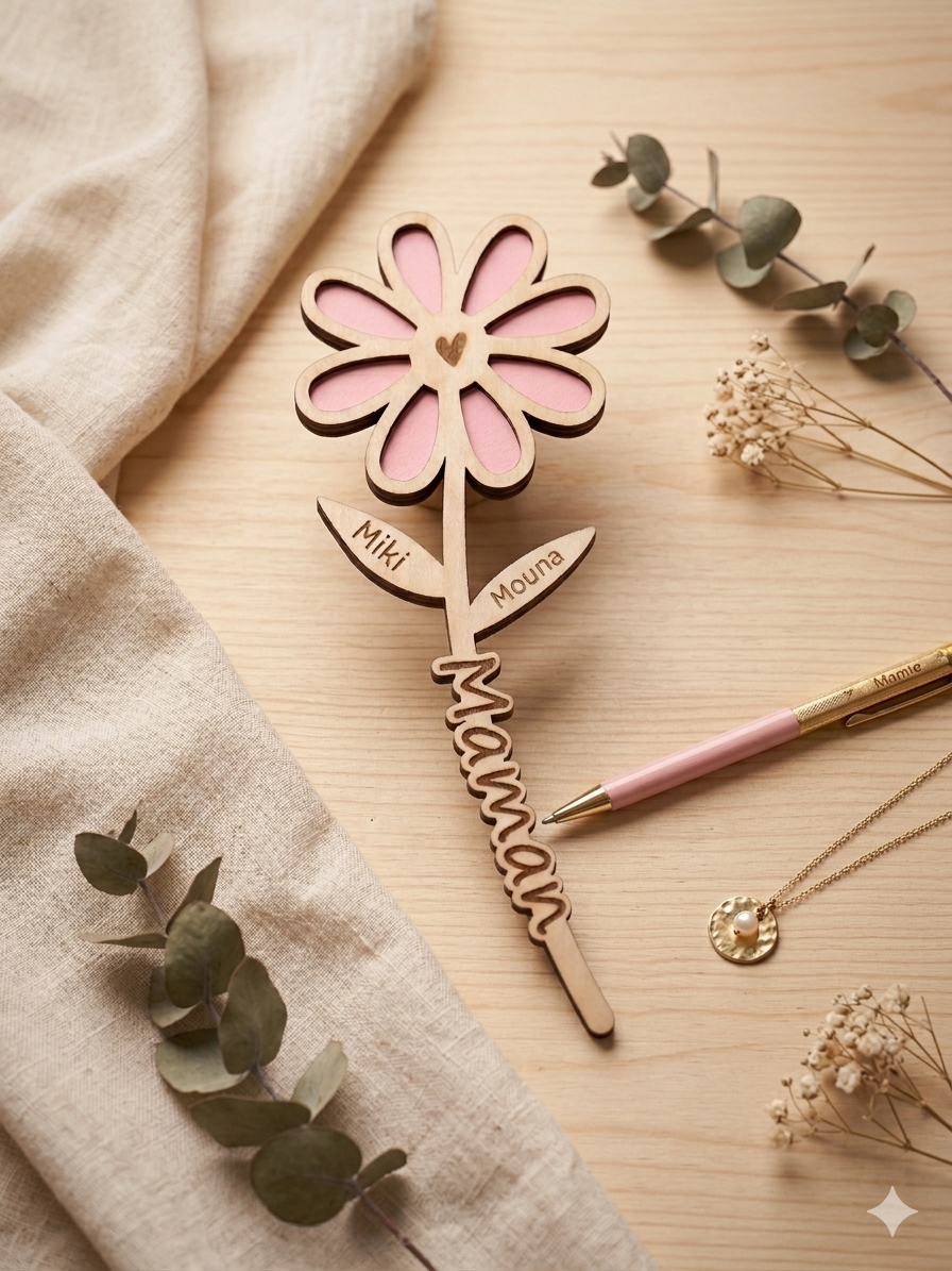 Fleur en bois personnalisée avec prénoms • Cadeau Fête des Mères Mamie Nounou ATSEM Maîtresse... • Décoration personnalisée