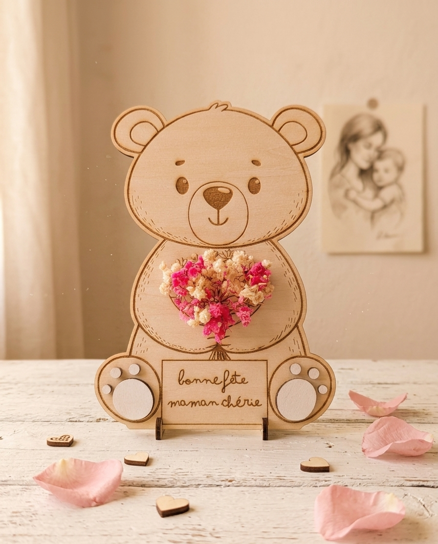 Ours en bois support fleurs personnalisé – Cadeau original pour maman, mamie, nounou ou maîtresse