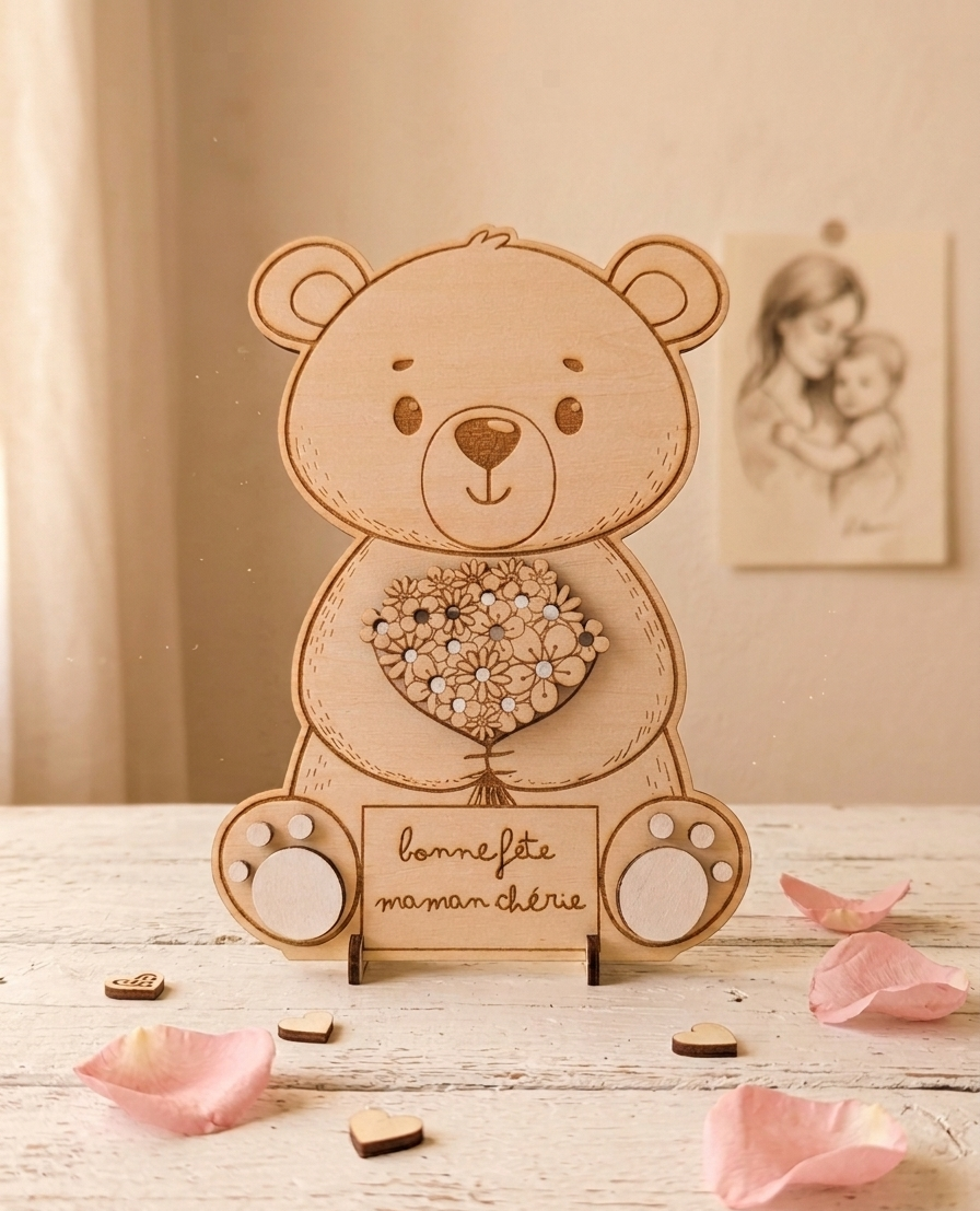 Ours en bois support fleurs personnalisé – Cadeau original pour maman, mamie, nounou ou maîtresse