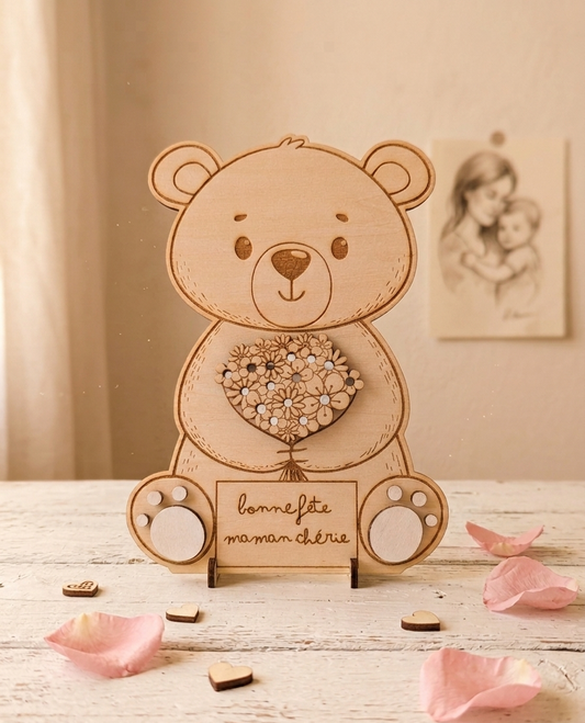 Ours en bois support fleurs personnalisé – Cadeau original pour maman, mamie, nounou ou maîtresse