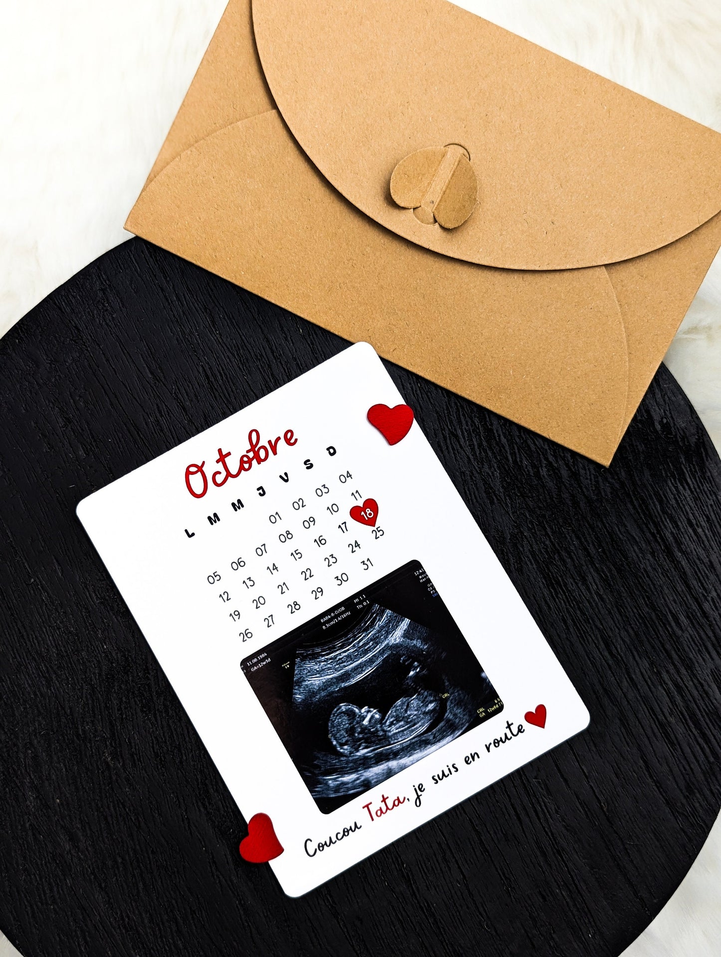 Carte annonce grossesse personnalisée - Calendrier et échographie.