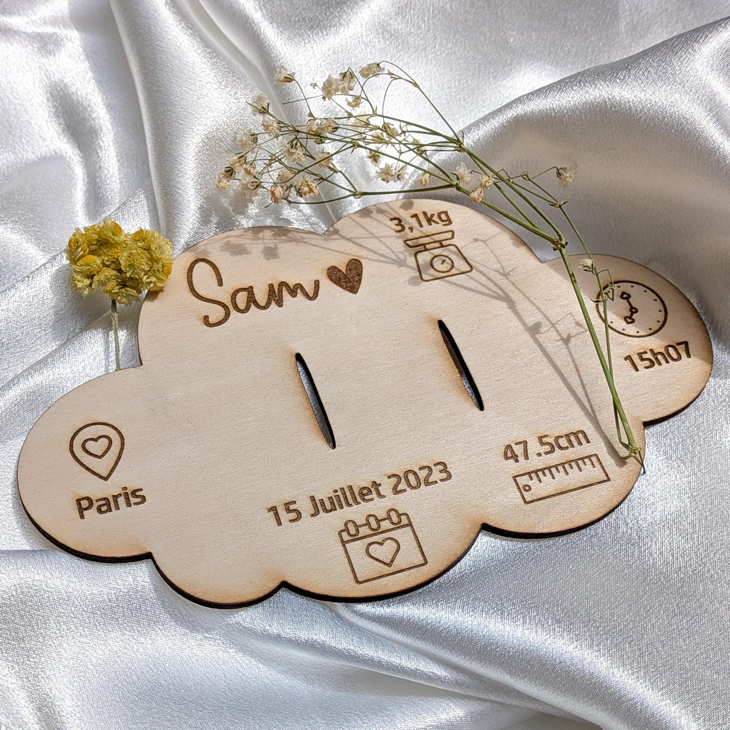 Support Bracelet de Naissance Personnalisé en Bois – Souvenir Bébé Fille Garçon | Carte Nuage Cadeau Naissance Original