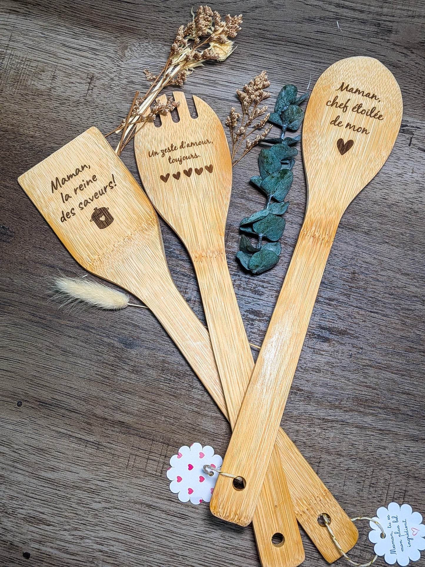 Ustensiles de cuisine personnalisés/ cadeau fêtes des mères, père, mamie et papi/ cuillère et spatule en bois gravées
