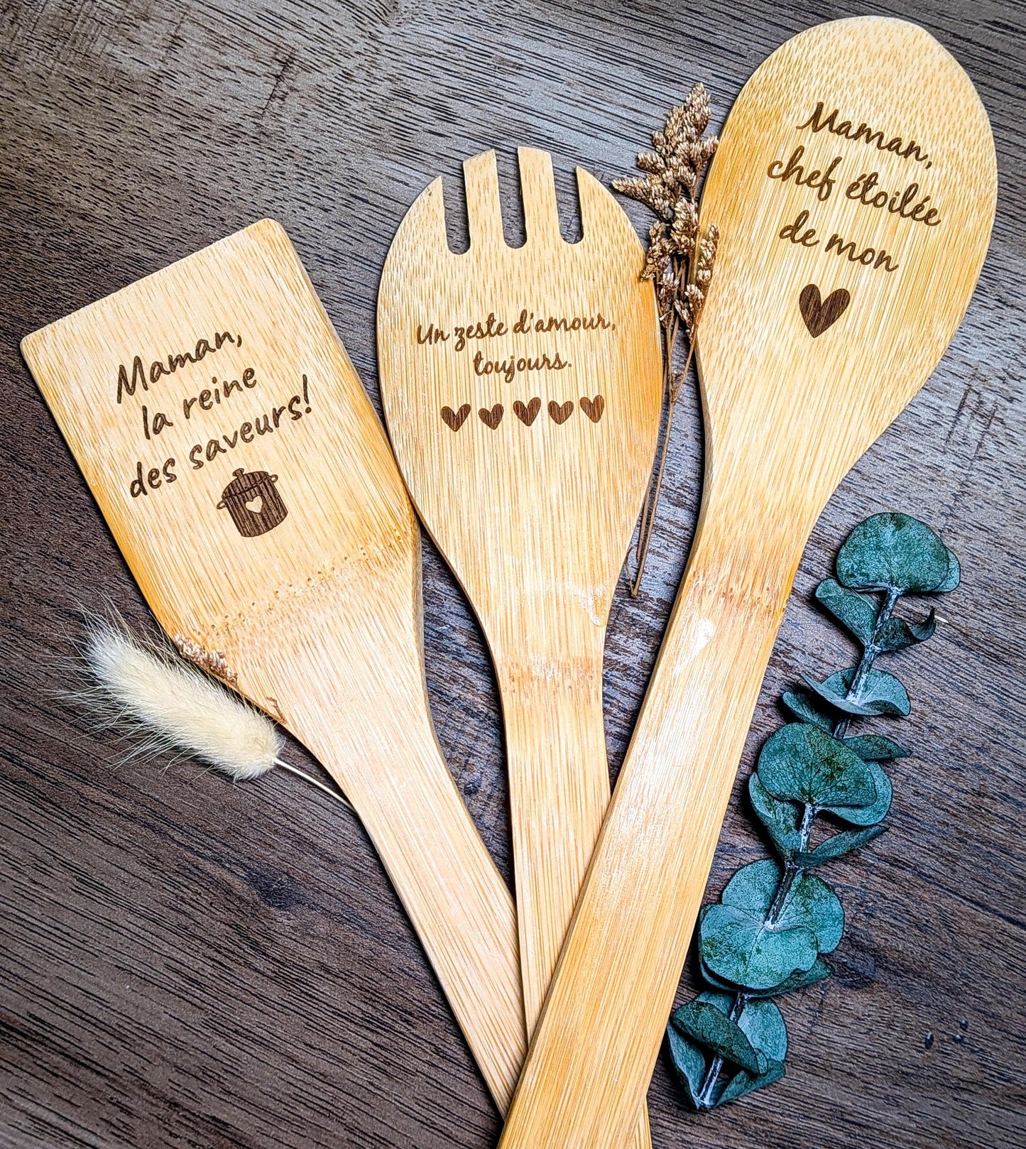 Ustensiles de cuisine personnalisés/ cadeau fêtes des mères, père, mamie et papi/ cuillère et spatule en bois gravées
