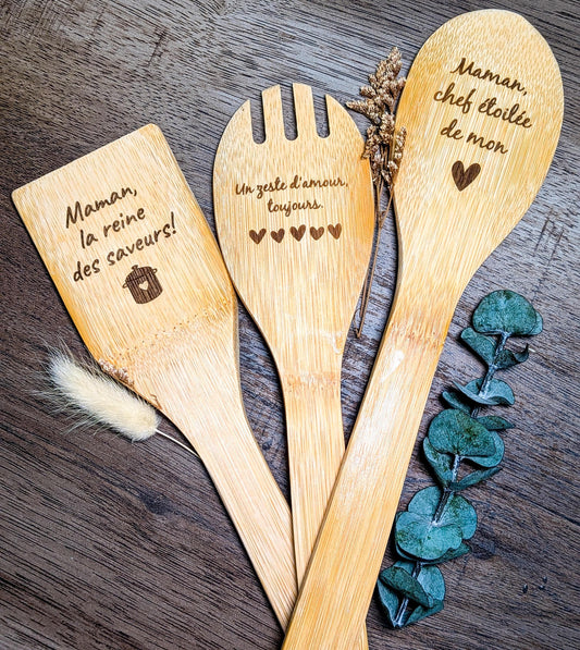 Ustensiles de cuisine personnalisés/ cadeau fêtes des mères, père, mamie et papi/ cuillère et spatule en bois gravées