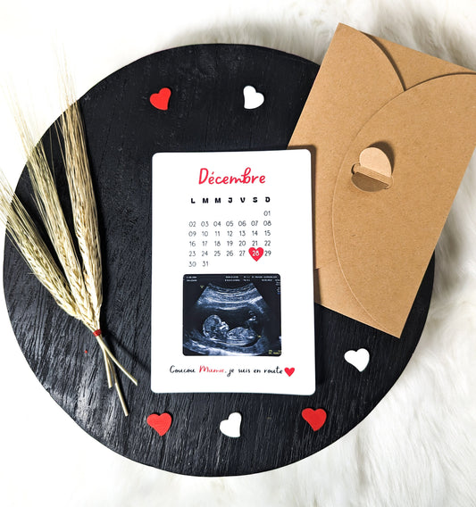 Carte annonce grossesse personnalisée - Calendrier et échographie.