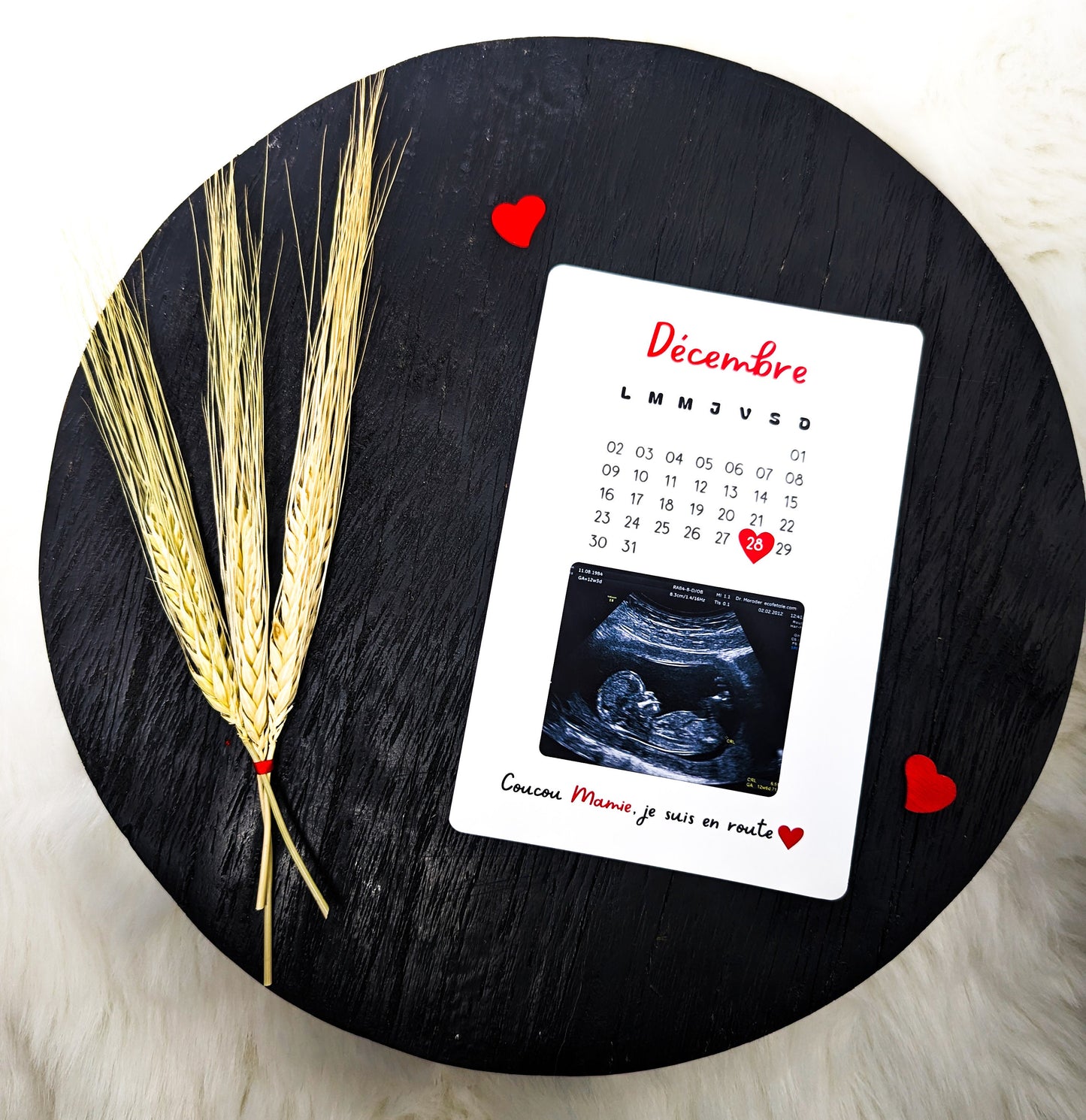 Carte annonce grossesse personnalisée - Calendrier et échographie.