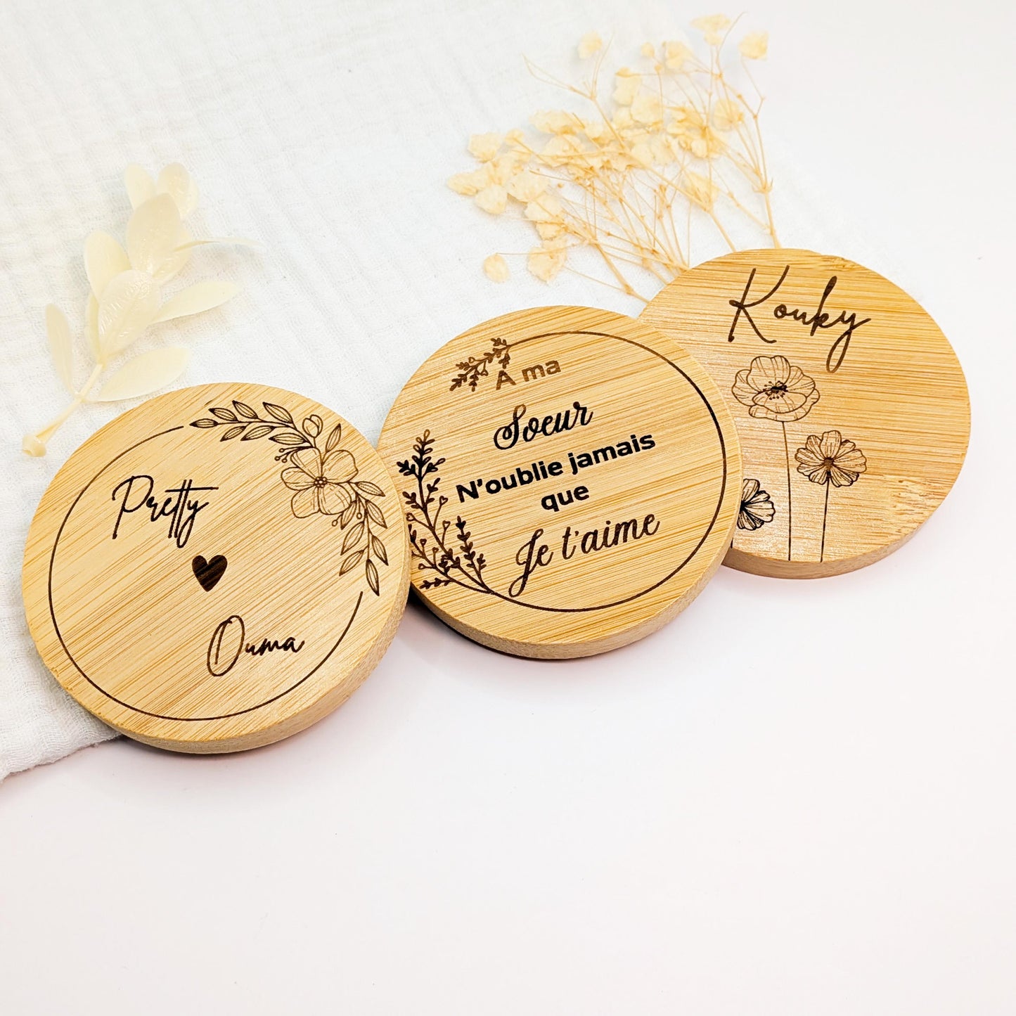 Miroir de poche en bois personnalisé – Cadeau Maman, Mariage, Maîtresse