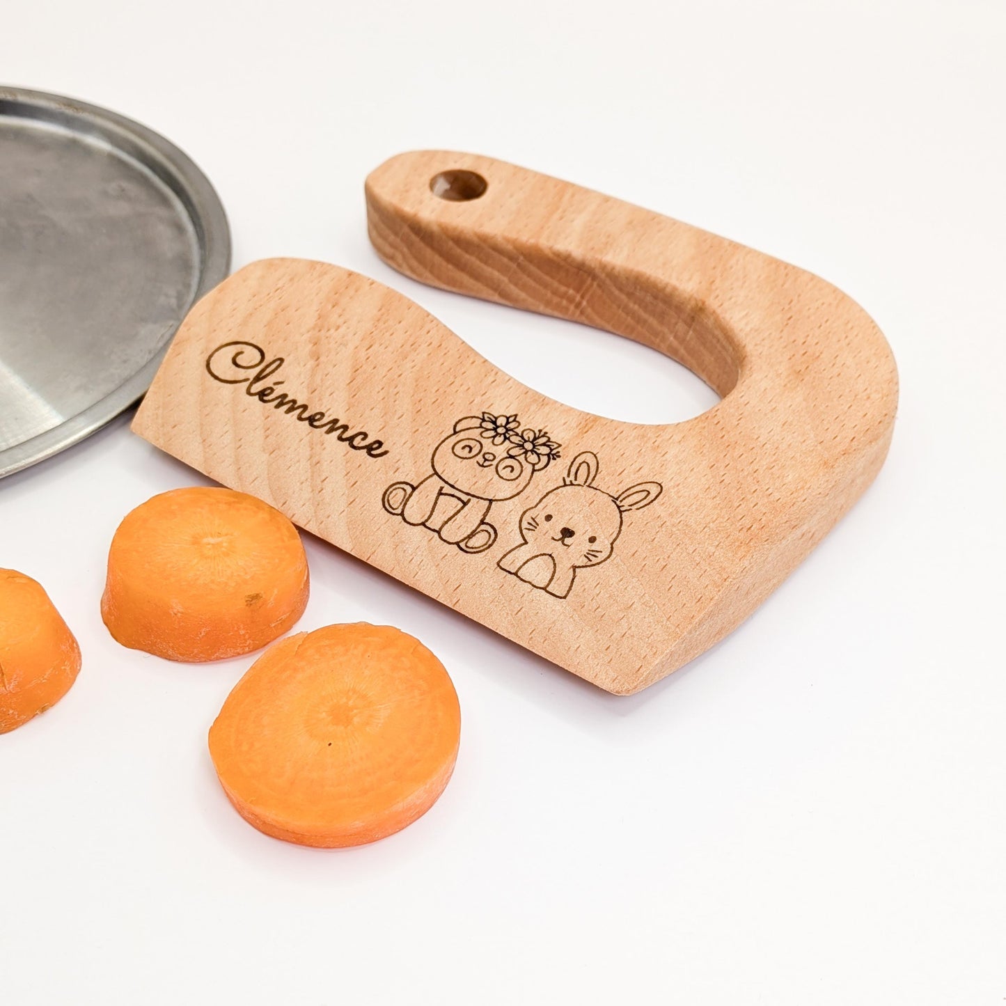 Couteau Enfant Sécurisé en bois gravé - Méthode Montessori - Couteau Montessori Personnalisé pour bébé.