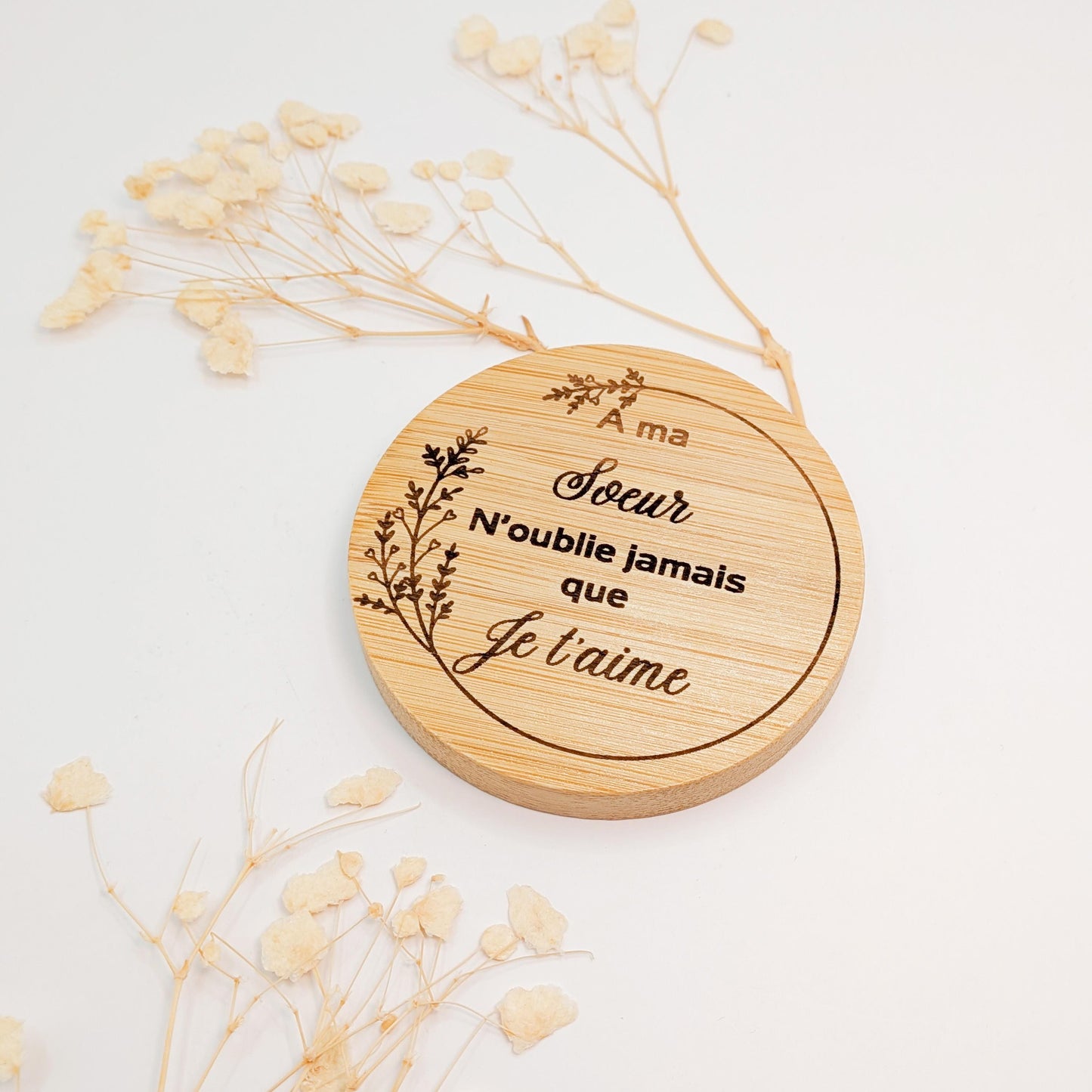Miroir de poche en bois personnalisé – Cadeau Maman, Mariage, Maîtresse