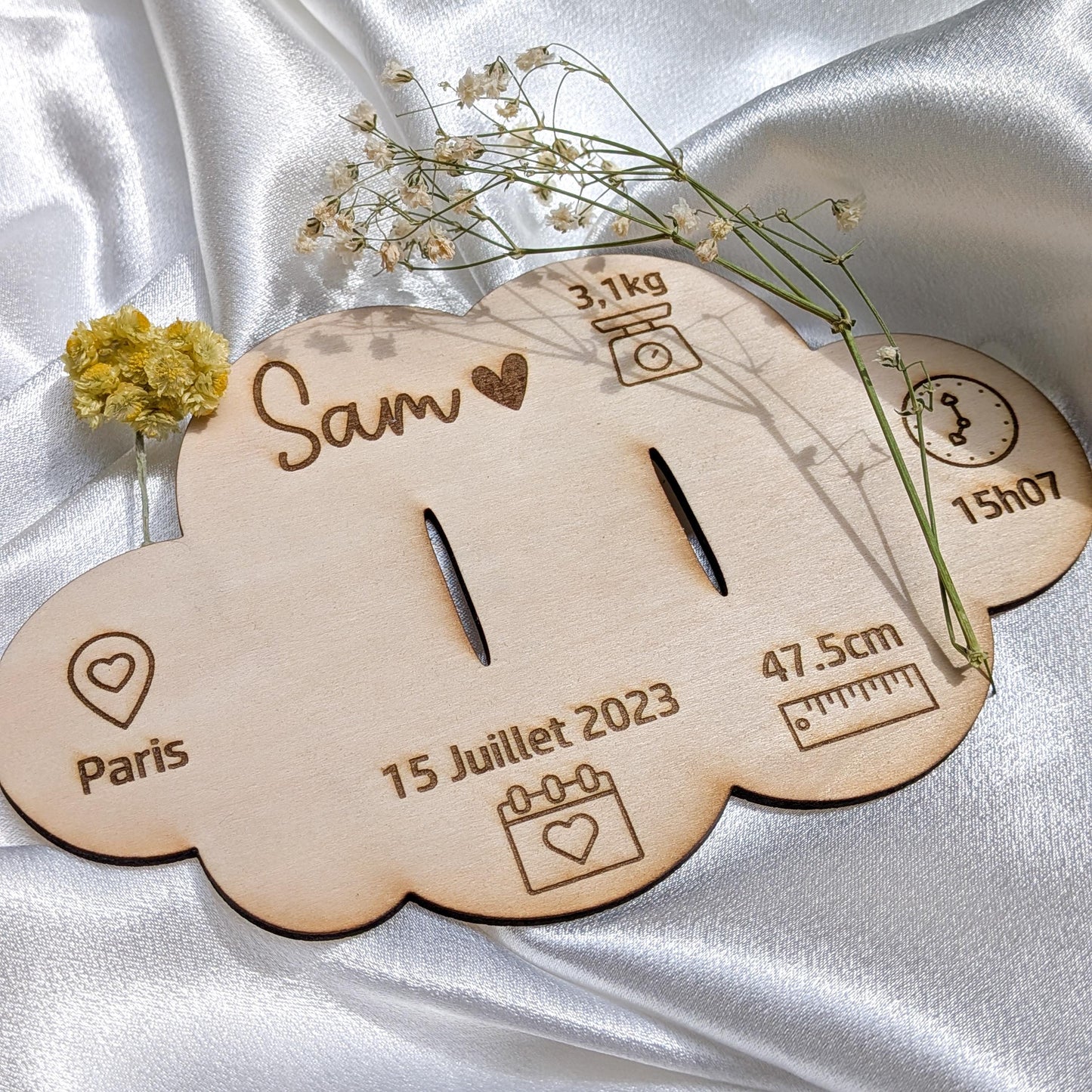 Support Bracelet de Naissance Personnalisé en Bois – Souvenir Bébé Fille Garçon | Carte Nuage Cadeau Naissance Original