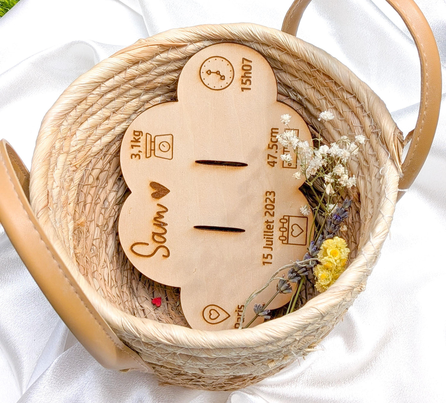 Support Bracelet de Naissance Personnalisé en Bois – Souvenir Bébé Fille Garçon | Carte Nuage Cadeau Naissance Original