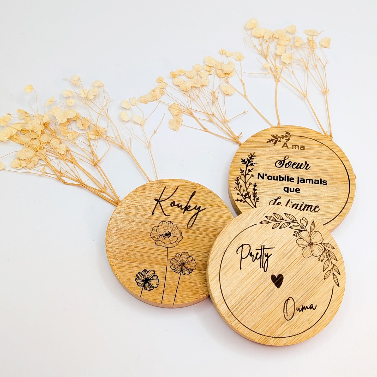 Miroir de poche en bois personnalisé – Cadeau Maman, Mariage, Maîtresse