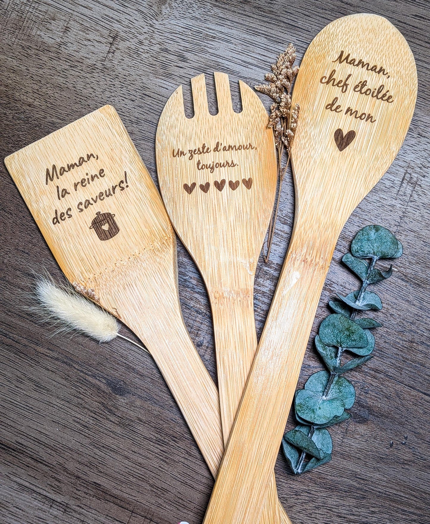 Ustensiles de cuisine personnalisés/ cadeau fêtes des mères, père, mamie et papi/ cuillère et spatule en bois gravées