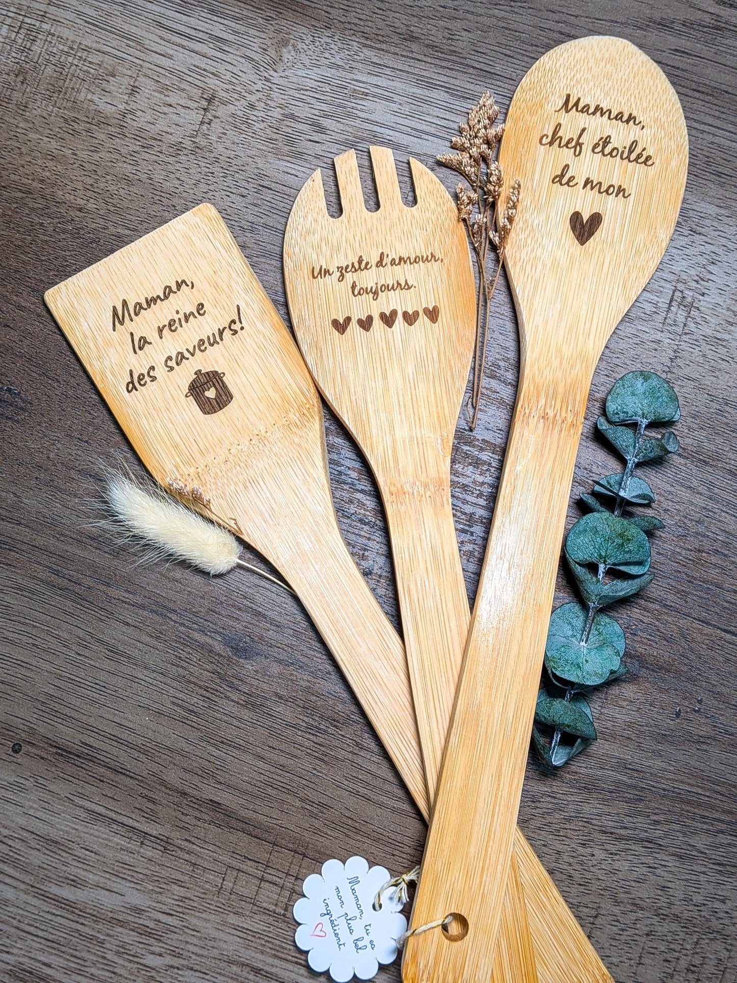 Ustensiles de cuisine personnalisés/ cadeau fêtes des mères, père, mamie et papi/ cuillère et spatule en bois gravées