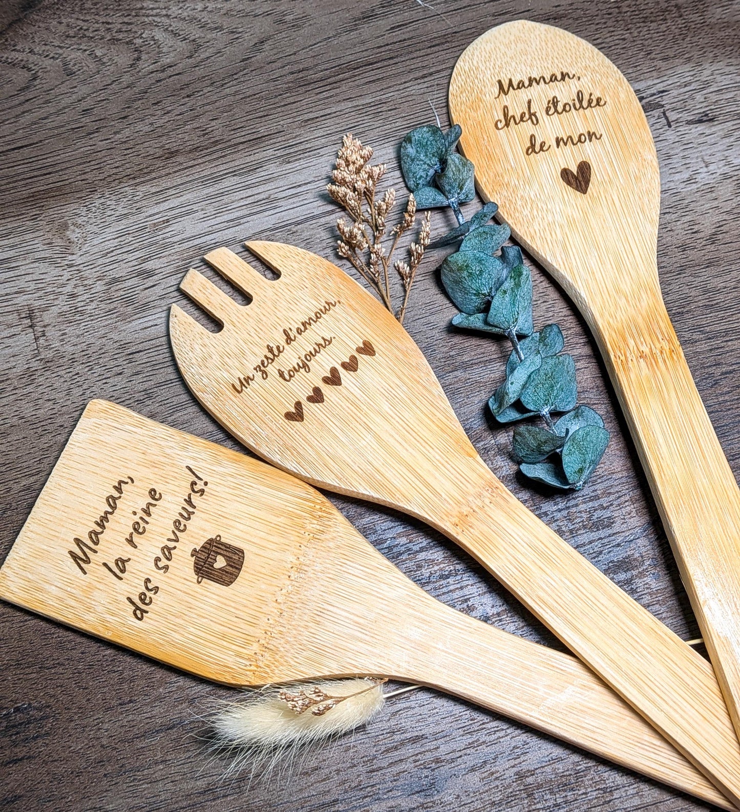 Ustensiles de cuisine personnalisés/ cadeau fêtes des mères, père, mamie et papi/ cuillère et spatule en bois gravées