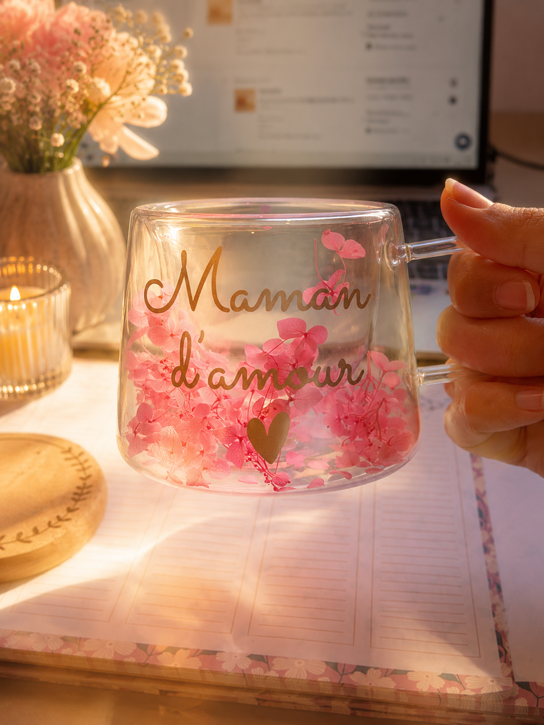 Tasse personnalisée en verre double paroi avec fleurs séchées –Cadeau original pour papy, nounou, marraine, maman/Prénom ou message au choix.