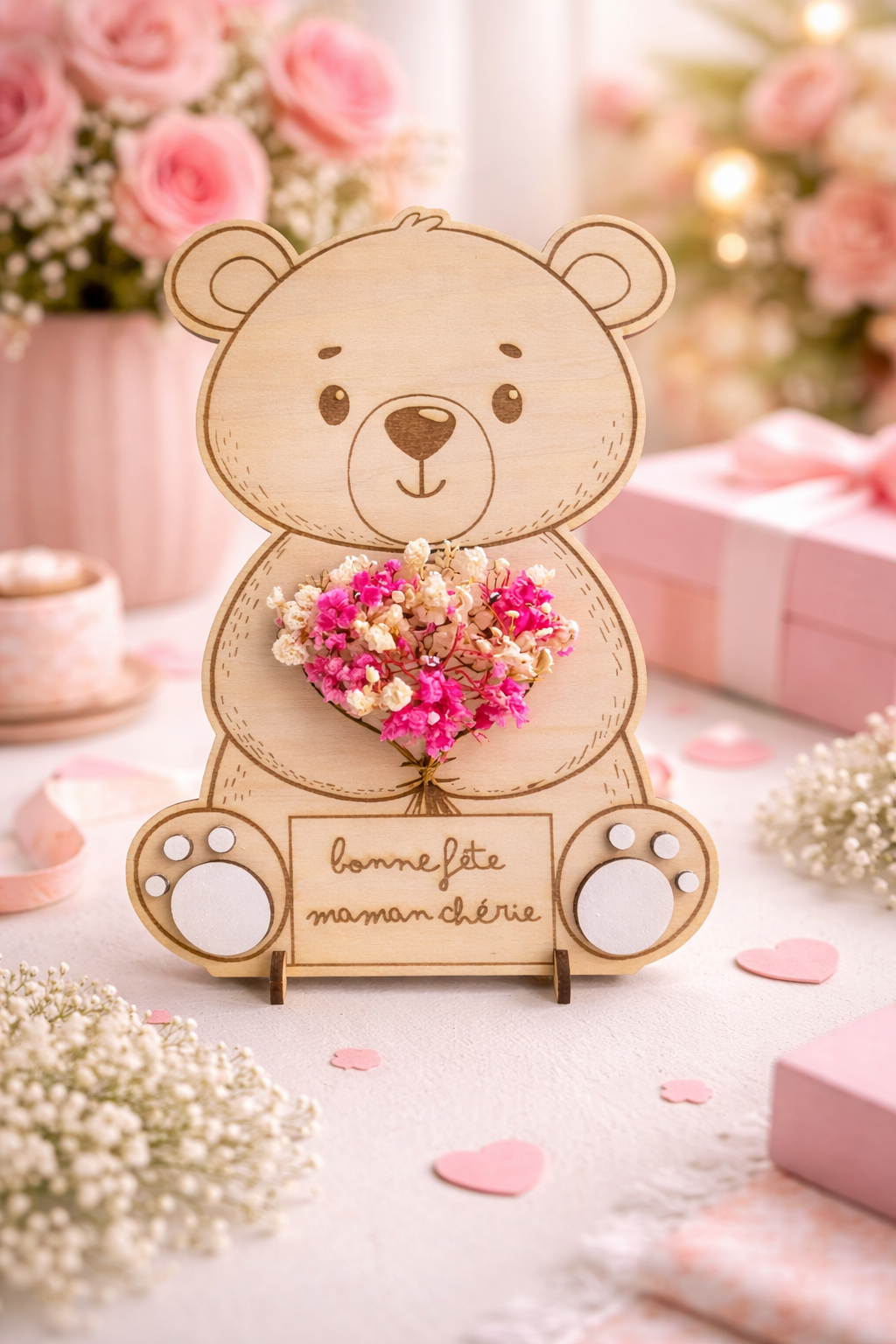 Ours en bois support fleurs personnalisé – Cadeau original pour maman, mamie, nounou ou maîtresse
