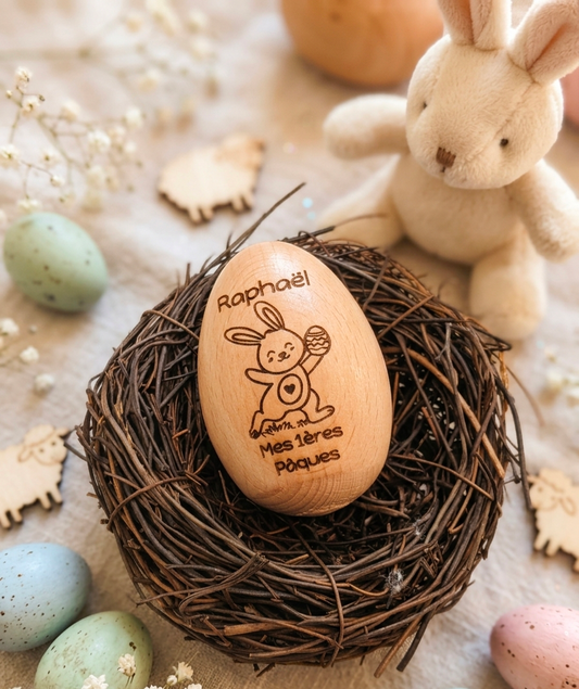 Œuf de Pâques personnalisé en bois – Maracas enfant – Cadeau de Pâques avec prénom