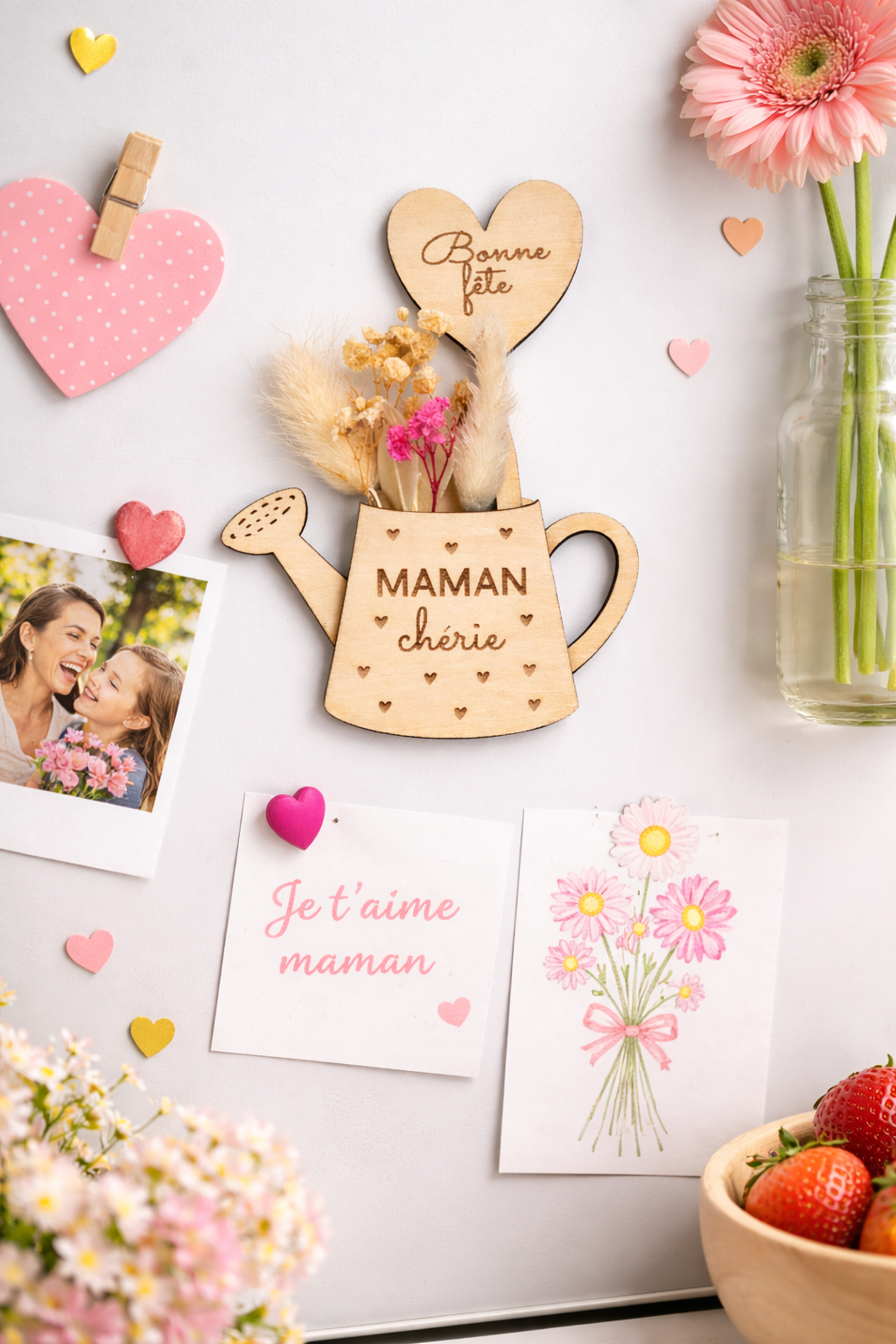 Magnet arrosoir personnalisé avec prénom et fleurs séchées – Cadeau maman, nounou ou maîtresse