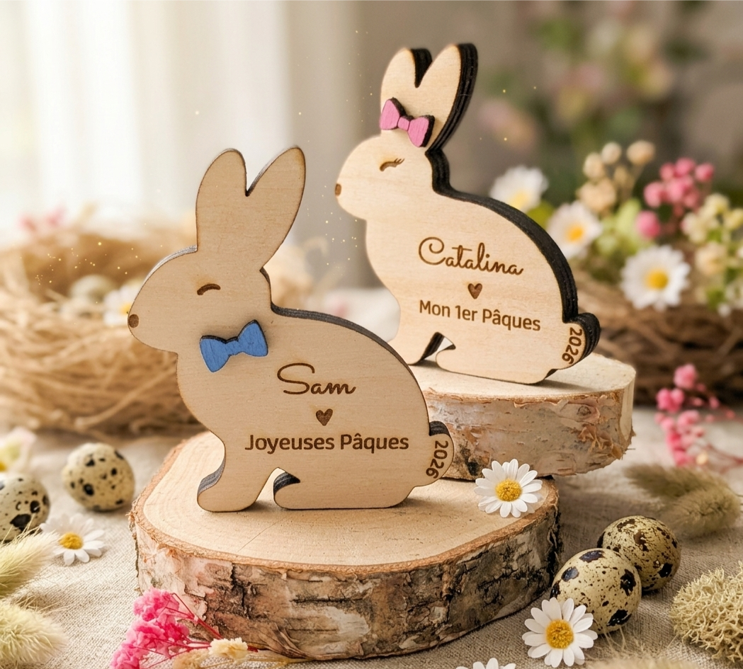 Lapin de Pâques en Bois Gravé avec Prénom – Décoration & Cadeau Personnalisé pour Enfant – Mon 1er Pâques