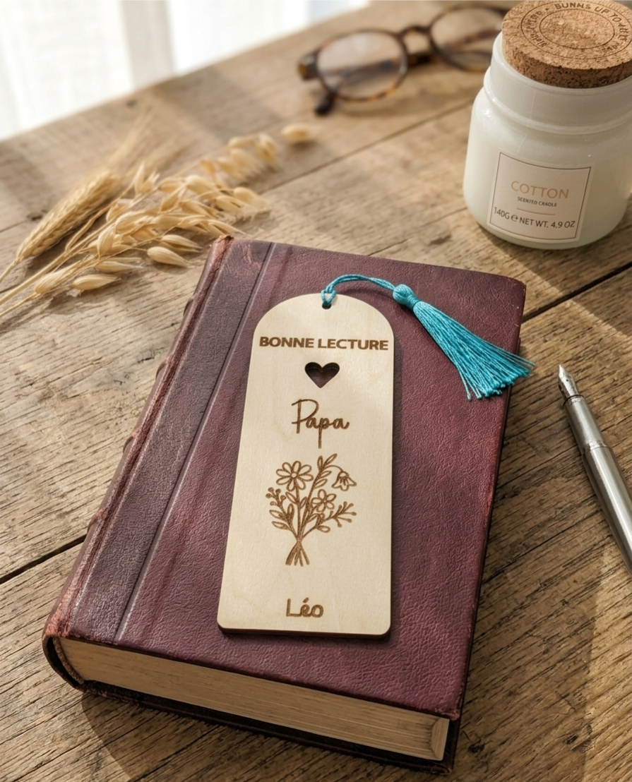 Marque-page personnalisé en bois – Cadeau unique pour maman, mamie, marraine, nounou ou maîtresse