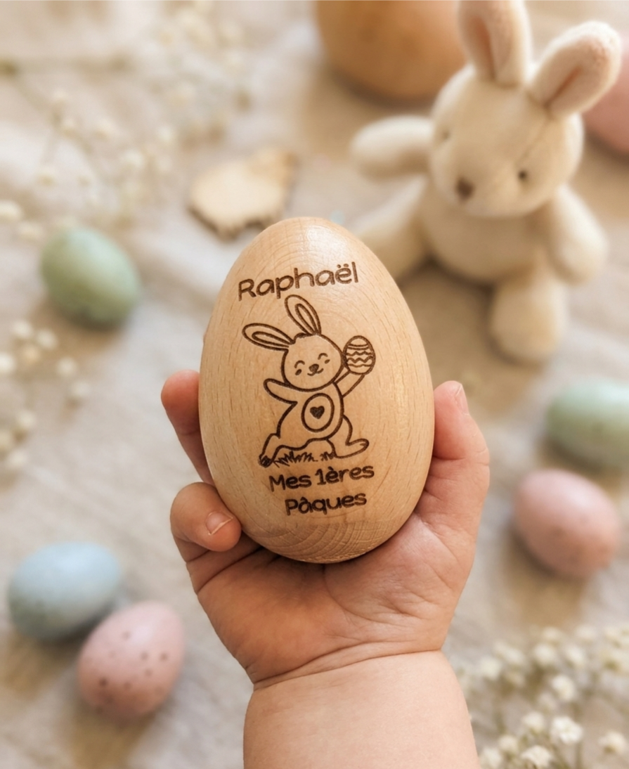 Œuf de Pâques personnalisé en bois – Maracas enfant – Cadeau de Pâques avec prénom