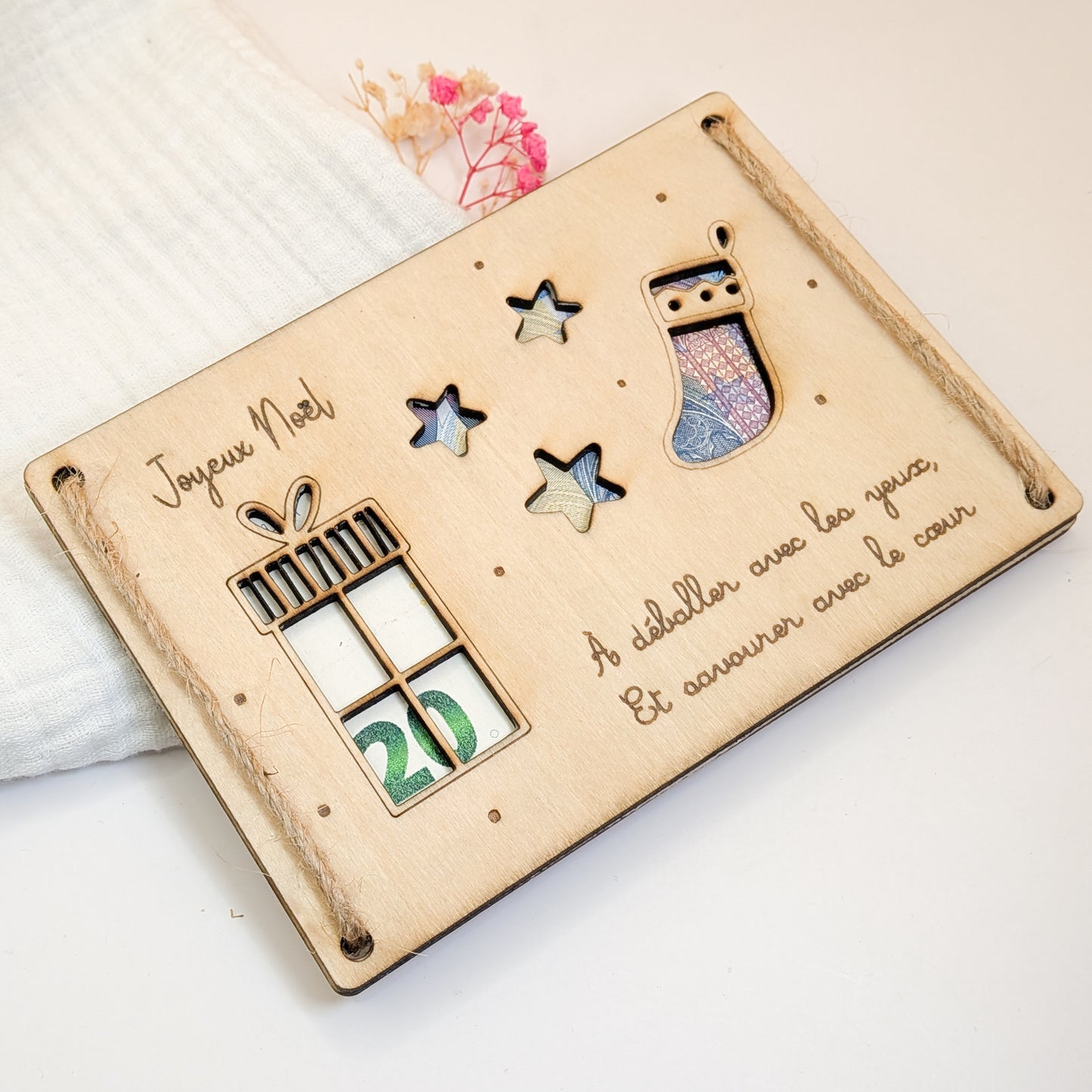 Carte cadeau Noël en bois personnalisée - Porte-billet original - Cadeau en espèces