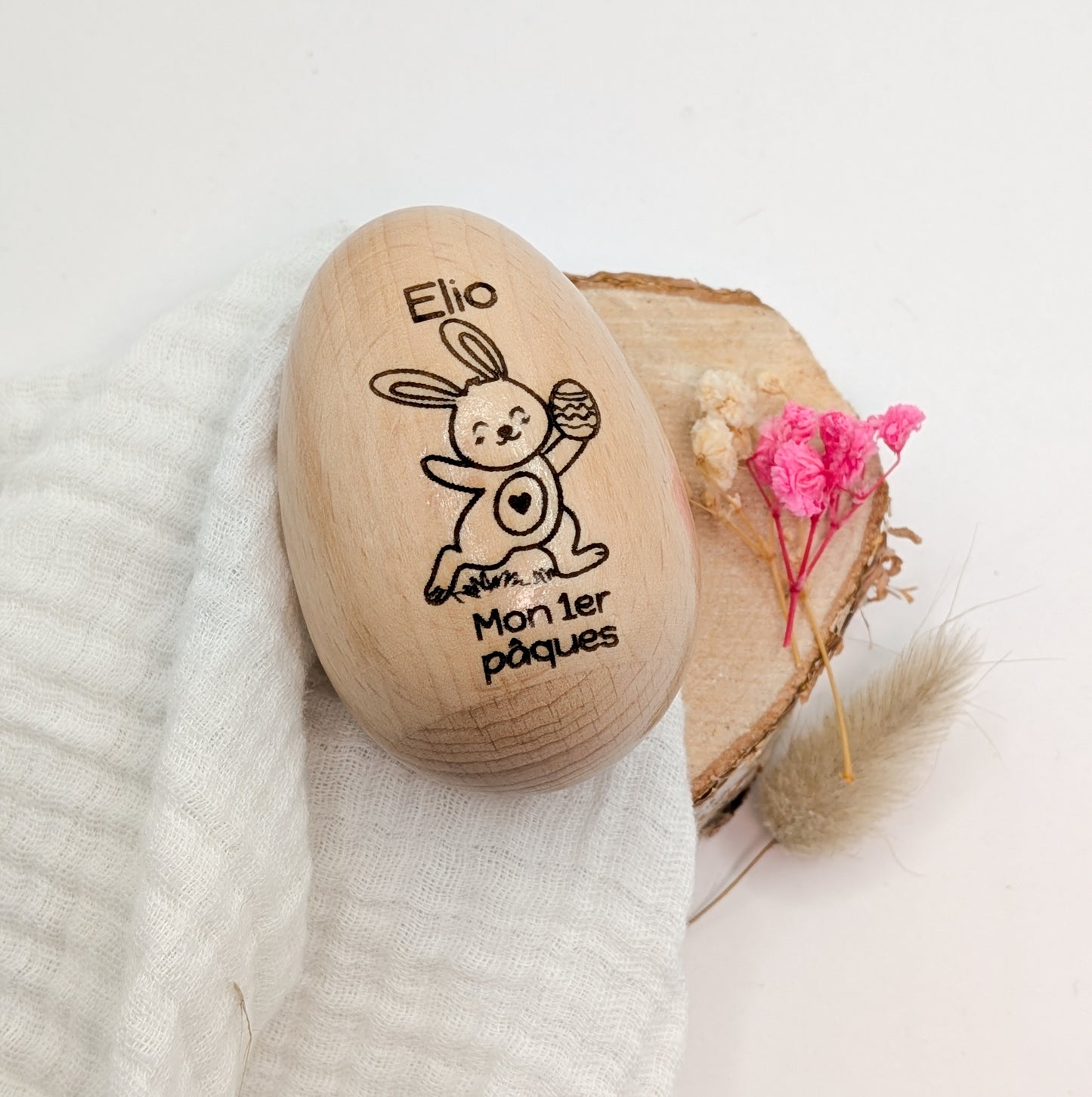 Œuf de Pâques personnalisé en bois – Maracas enfant – Cadeau de Pâques avec prénom