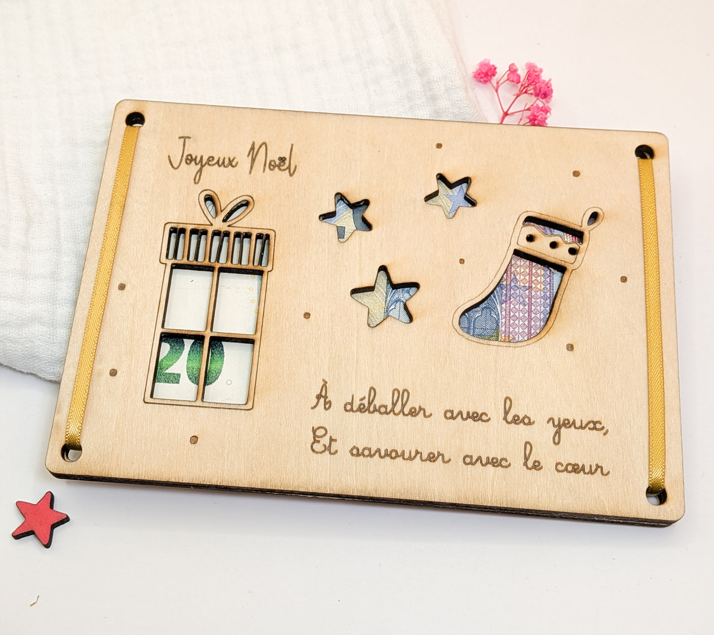 Carte cadeau Noël en bois personnalisée - Porte-billet original - Cadeau en espèces